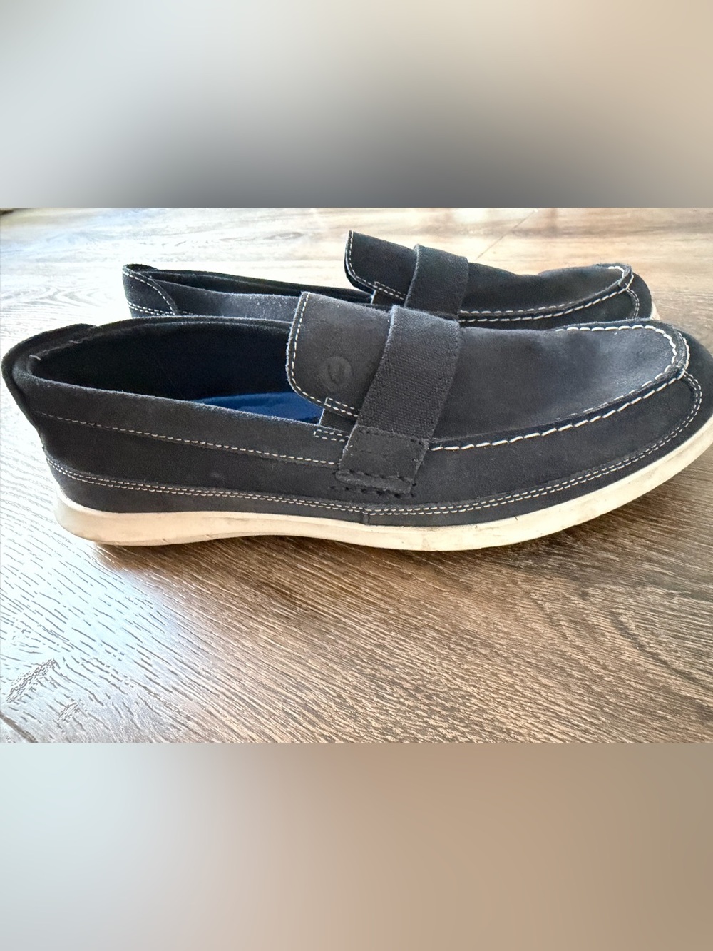 Clarks Navy Suede Penny Loafers/Lather